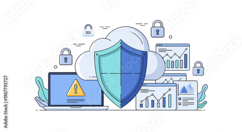 Cloud security shield protects laptop from cyber threats and data breaches online