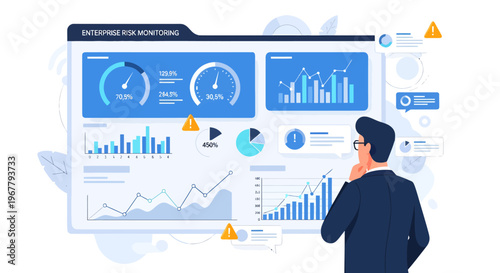 Businessman analyzing enterprise risk monitoring dashboard with various financial charts and graphs displayed on large screen infographic