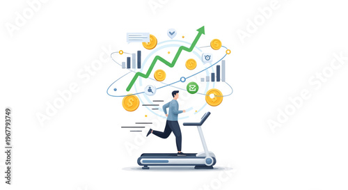 Businessman runs on treadmill with growing finance graphs and coins floating around him.