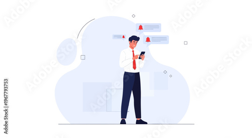 Man checking smartphone notifications, business concept, modern flat illustration