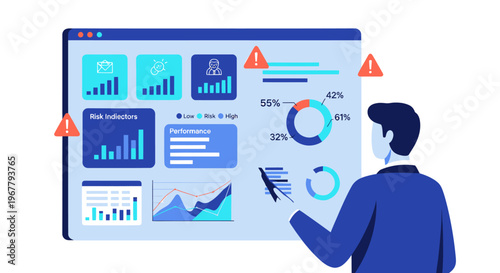 Man analyzing business performance metrics on screen with risk indicators