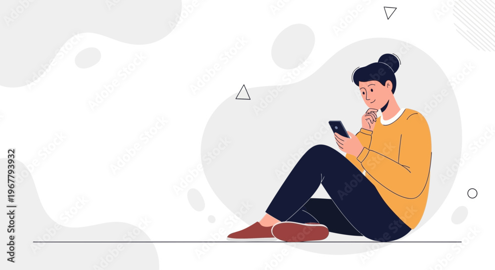 Obraz premium Woman Sitting on Floor Using Smartphone, Thinking, Modern Flat Illustration