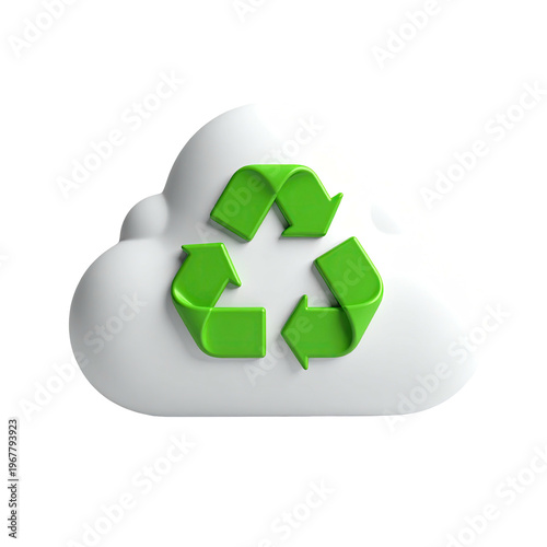 Green recycle symbol on white cloud shape against black backdrop in a 3D rendering highlighting environmental cloud computing sustainability