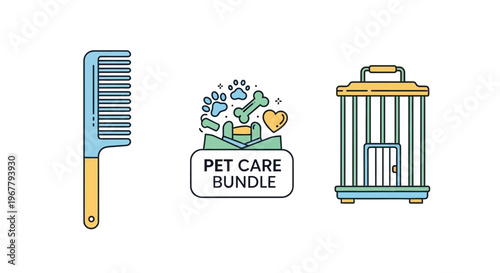 Pet Care and Grooming Supplies Illustration Featuring Comb, Pet Toys and Cage