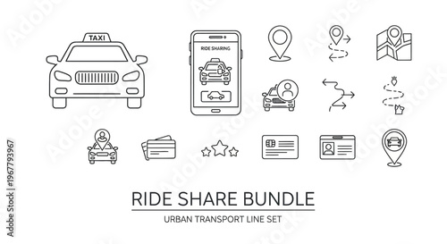 Ride Share Bundle Urban Transport Line Set Featuring Taxi Car App Map and Navigation Icons