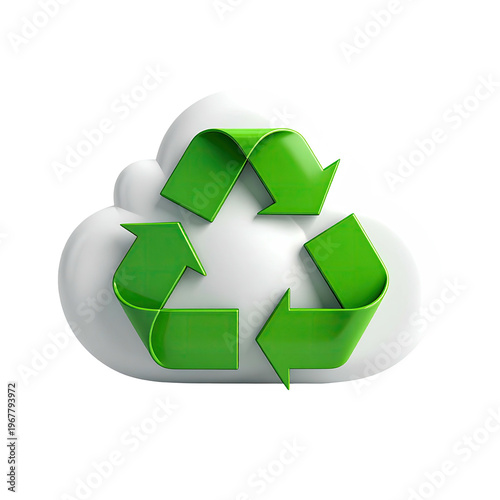Green recycle symbol on white cloud offers a sustainable cloud computing solution with eco-friendly digital data management and environmental responsibility