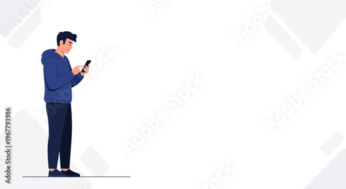 Young man in hoodie using smartphone, minimalist background