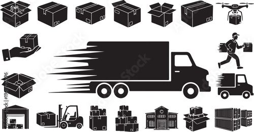 Logistics and shipping icons in black and white style