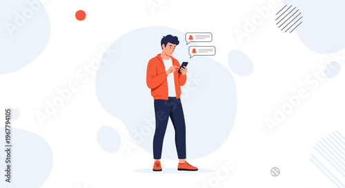 Man checking phone with notification alerts, modern flat illustration
