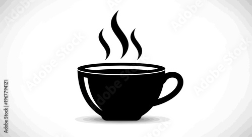 Simple black and white steaming coffee cup icon for hot beverage representation