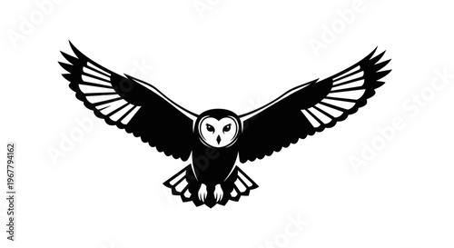 Stylized black and white owl with detailed wings and focused gaze symbolizing wisdom and night