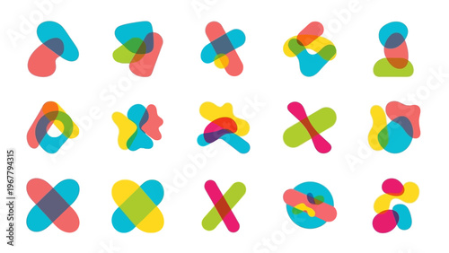 Abstract colorful overlapping shapes arranged in a grid pattern for modern design inspiration