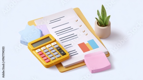 Financial document calculator clipboard sticky note chart checklist office workspace plant paper colorful flat cartoon graphic business analysis