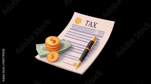 Tax document money coin cash pen finance cartoon flat business accounting isolated black background paperwork payment economy income savings wealth office calculation planning investment currency