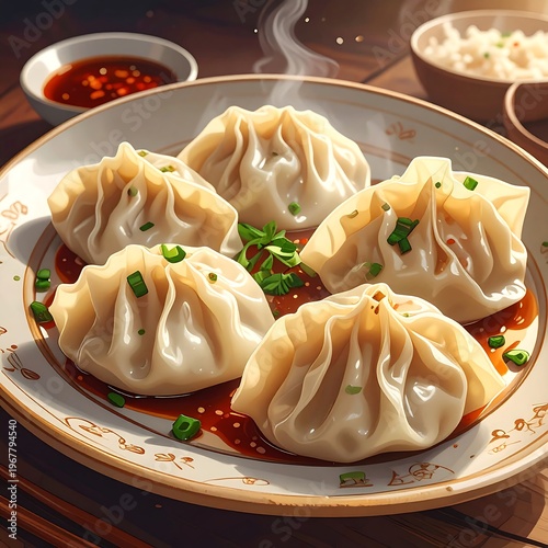 Steamed dumplings on a plate with sauce.