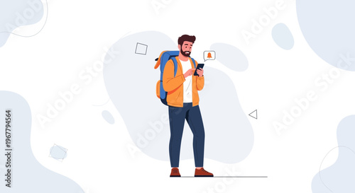 Man with Backpack Using Smartphone for Travel Planning