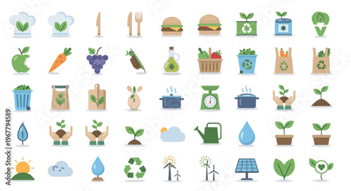 Healthy Food and Eco-Friendly Icons: Organic, Vegan, Sustainable Lifestyle