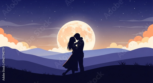 Romantic couple silhouette kissing under full moonlight in mountainous landscape with starry night sky
