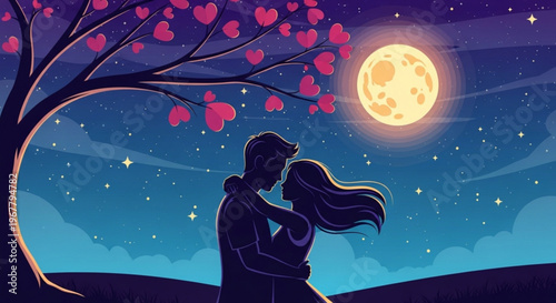 Romantic couple kissing under pink heart tree at night with full moon