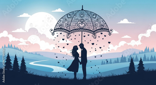 Romantic couple under heart shaped umbrella on a serene landscape with moonlight