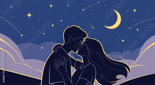 Romantic couple kissing under starry night sky with crescent moon and clouds