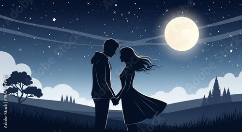 Romantic couple silhouette under starry night sky with full moon