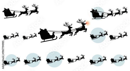 Christmas Santa Claus Sleigh with Reindeer Silhouettes Flying Above Snow