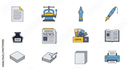 Printing and Publishing Icons: Document, Press, Pen, Ink, Newspaper, CMYK, Printer
