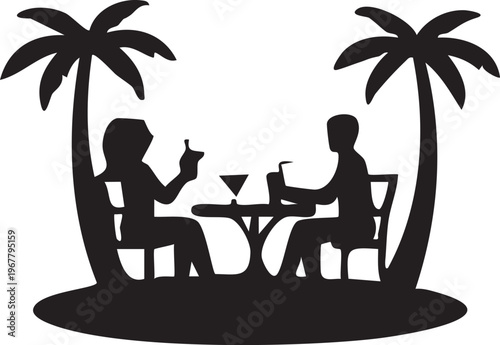 Couple Dining Under Palm Trees Beach Restaurant Silhouette Vector Illustration