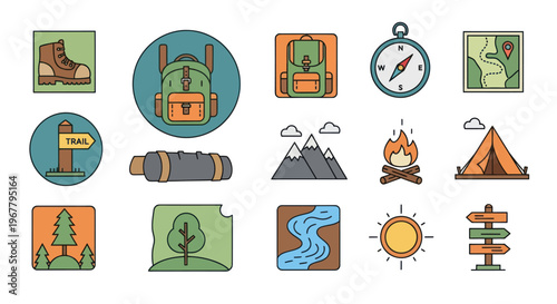 Outdoor Adventure Icons: Backpack, Tent, Compass, Mountains, Forest, Campfire, Nature Travel