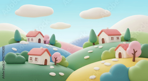 Whimsical Clay Houses on Colorful Rolling Hills with Cherry Blossoms.