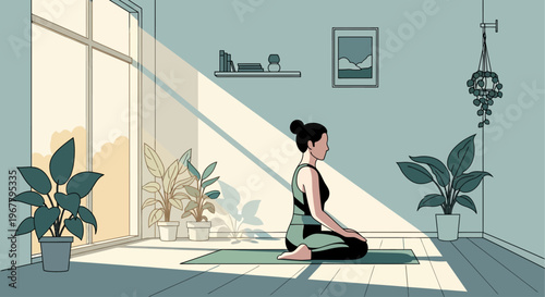 Woman meditating peacefully in a sunlit room.