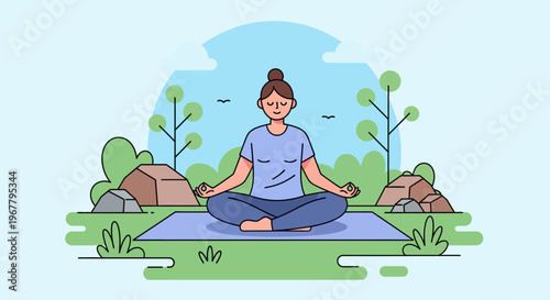 Woman meditating peacefully in nature on a yoga mat.