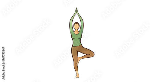 Woman practicing yoga tree pose on white background.