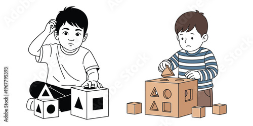 Child struggling with shape sorter toy, another child successfully places block, learning development.