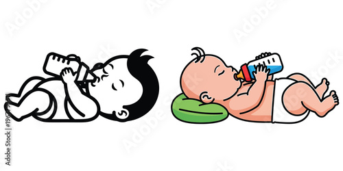 Infant baby sleeping and drinking from milk bottle in cartoon style with monochrome outline and colored version for healthcare and parenting educational designs.