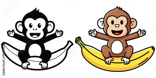 Cute cartoon monkey sitting on banana in black and white silhouette and colorful vector versions for children education materials and animal theme decorations.