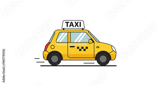 Yellow taxi car with taxi sign on roof driving.