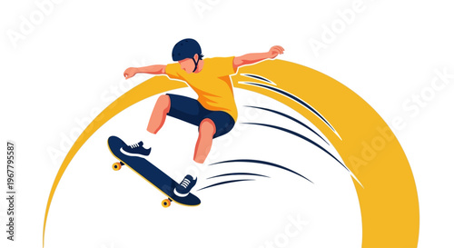 Young skateboarder jumping high performing an ollie trick in mid-air.