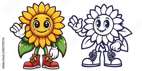 Illustration showing a happy cartoon sunflower wearing red sneakers and giving a thumbs-up, and a black and white outline of same sunflower character with a cheerful expression.