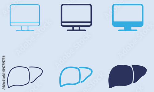 Set of computer monitor and human liver icons in line art and solid styles