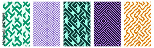 Set of seamless vector patterns with maze-like shapes, zigzag lines, and organic squiggles in green, purple, and orange. For textile design, packaging