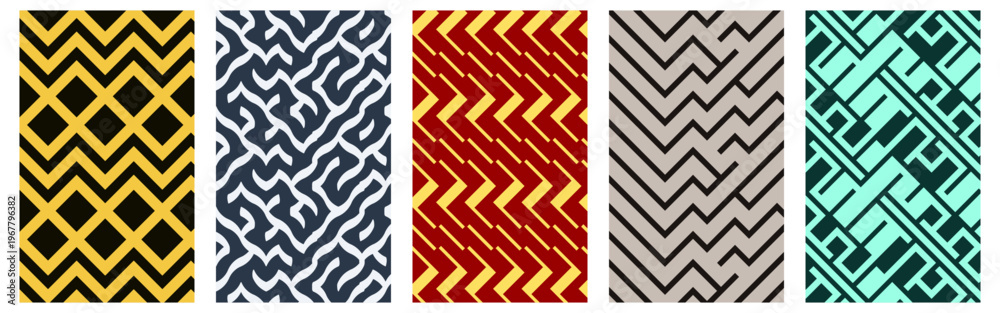 Obraz premium Set of seamless vector patterns with zigzag, wavy lines, geometric diamonds, and bold stripes in black, beige, red, teal, and yellow. Suitable for textile