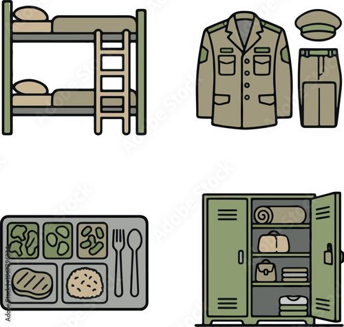 Military Barracks Life and Soldier Daily Routine Icons
