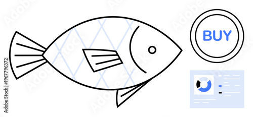 E-commerce concept. E-commerce through fish symbol, buy button, and online product display. E-commerce digital solutions for retail, online trading, and marketplaces. Ideal for shopping apps