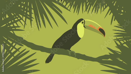 Toucan bird with a distinctive large beak perches gracefully on a jungle branch.
