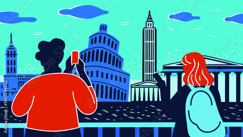 Two tourists capture photos of a famous blue cityscape under a clear sky.