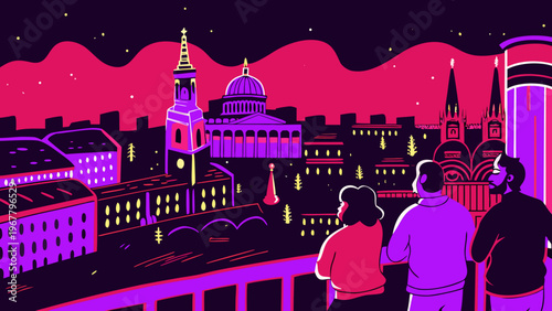 Three people stand on a rooftop admiring a vibrant, stylized night cityscape.