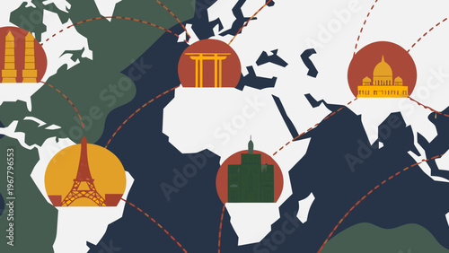 World map illustrates global travel routes connecting famous international landmarks.