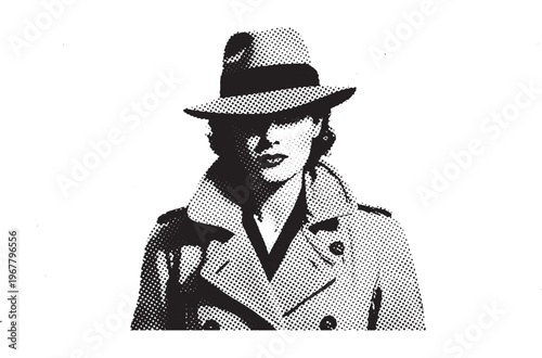 Vintage Film Noir Style Woman in Trench Coat and Fedora Halftone Art